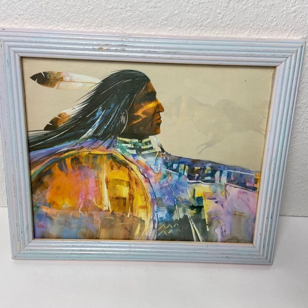Vintage Watercolor Art Native American Man Indian Framed Artist Signed